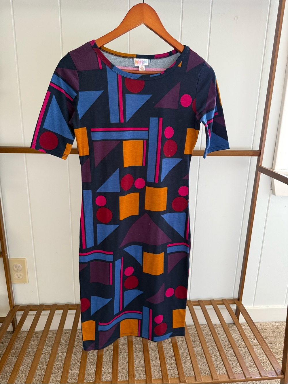 LuLaRoe Navy Geometric Midi Dress with Pink, Blue & Gold Shapes
